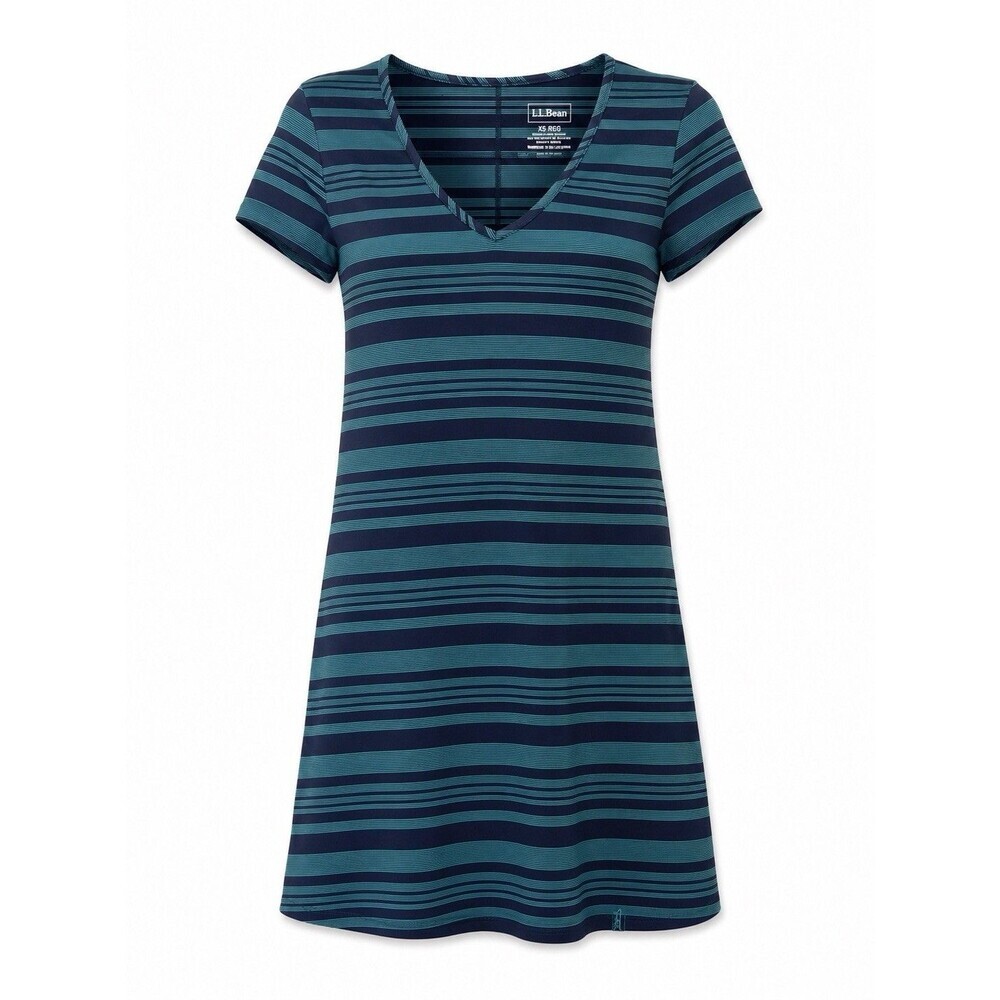 L.L.Bean Striped T-Shirt Dress XS Blue Green V-Neck Stretch Casual Outdoor
